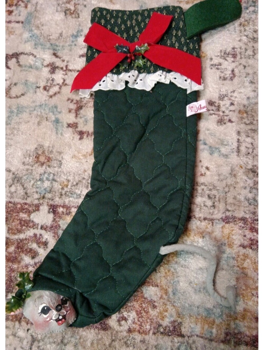 Vintage Annalee Mouse Stocking Peek A Boo Green Quilted Christmas Holly 1990s